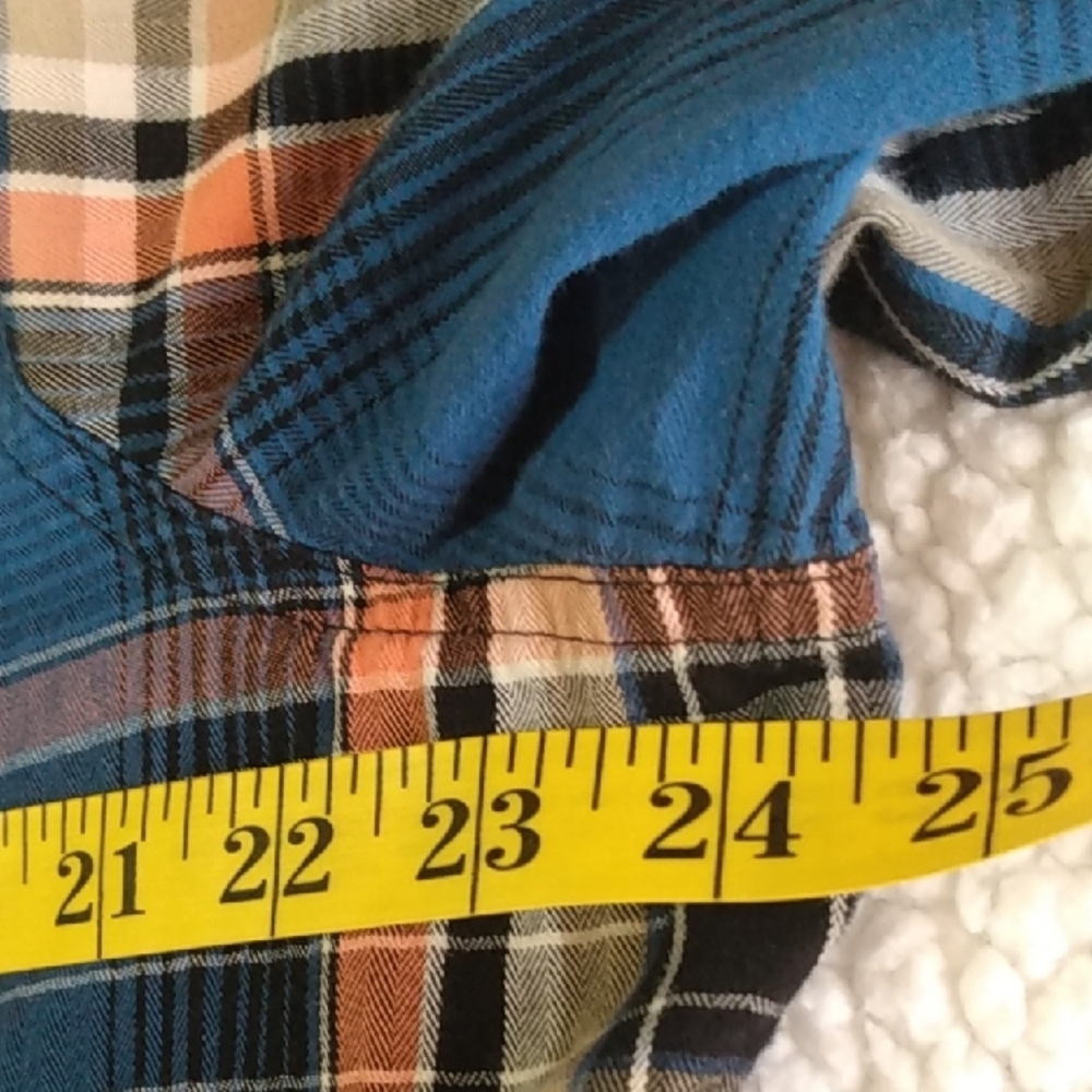 Allison Daley WMNS Blue & Peach Plaid Button-Up Flannel Shirt - Roll Tab Sleeves - Picture 11 of 12